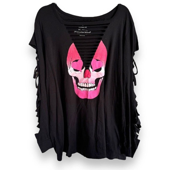 SOLD - Torrid Tee Sz 2 2X 18 20 Love Skull Black Slash Long Sleeve Black Pink - Picture 7 of 9